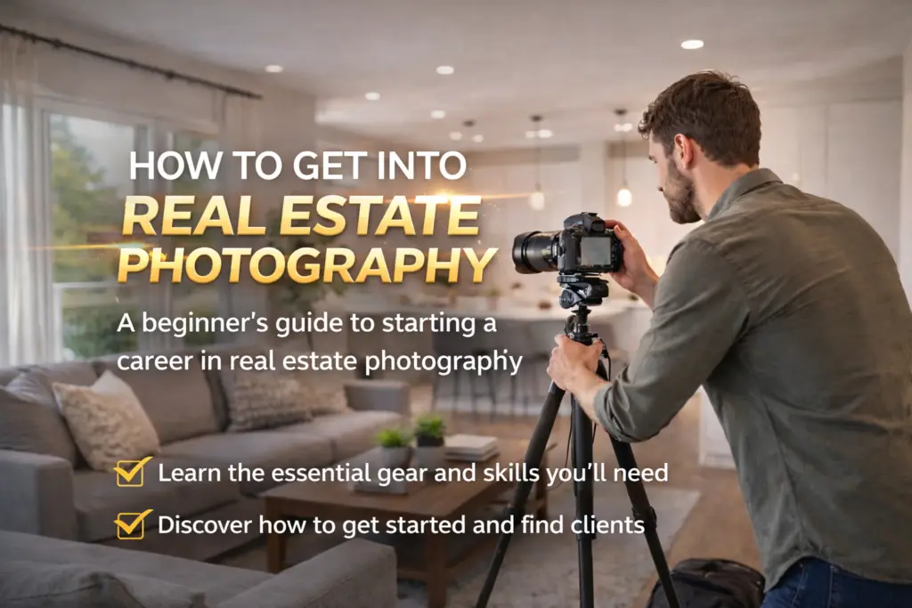 real estate photographer setting up a camera on a tripod inside a modern home, illustrating how to get into real estate photography