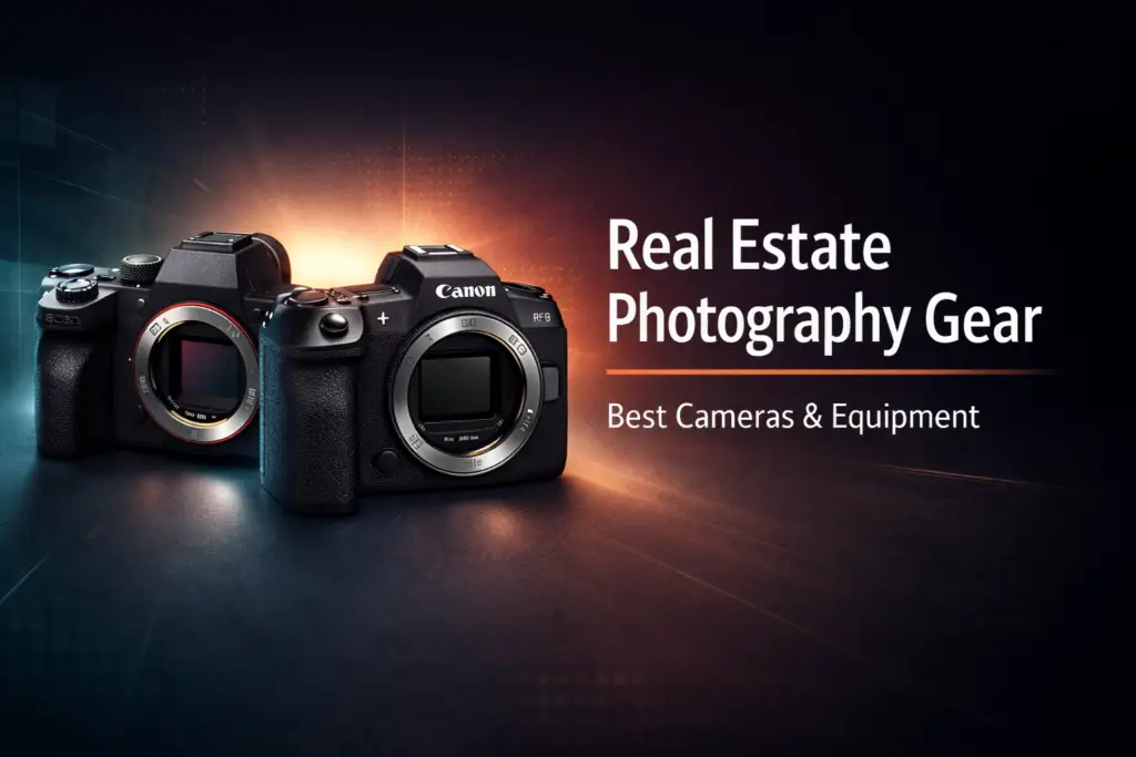 Modern mirrorless Sony-style and Canon-style cameras on a dark gradient background representing professional real estate photography gear